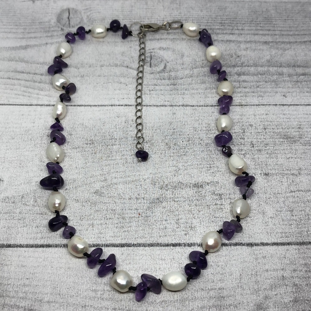 Artisan baroque pearls and amethyst stone chips boho style necklace.